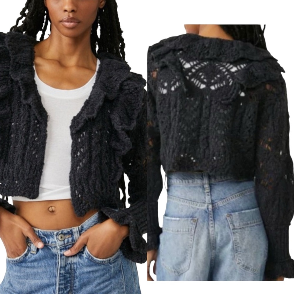 NWT FREE PEOPLE AVERY CROPPED BLACK CARDIGAN SIZE MEDIUM